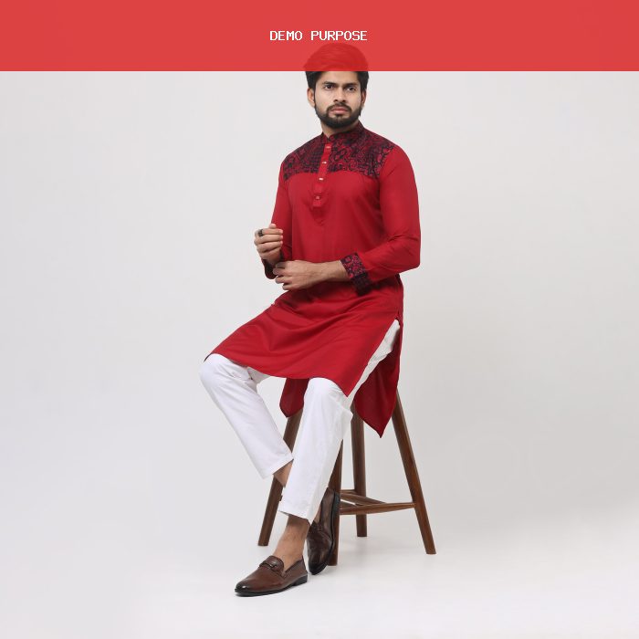 Panjabi - Red-Maroon hand-Chest and neck Contrast
