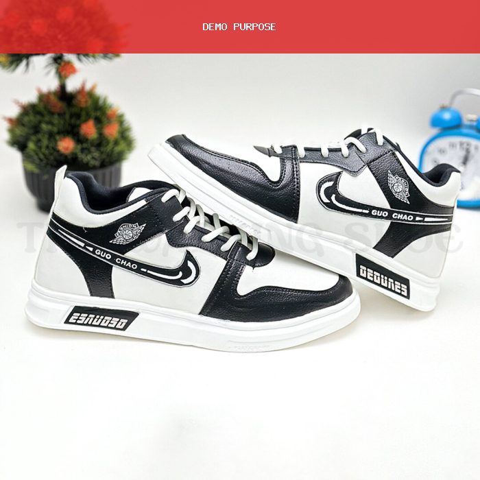 Sneakers Shoes For Men PU Leather Casual Fashion Lace Up Sports Shoes Stylish Lightweight Running Shoes Rubber Black White