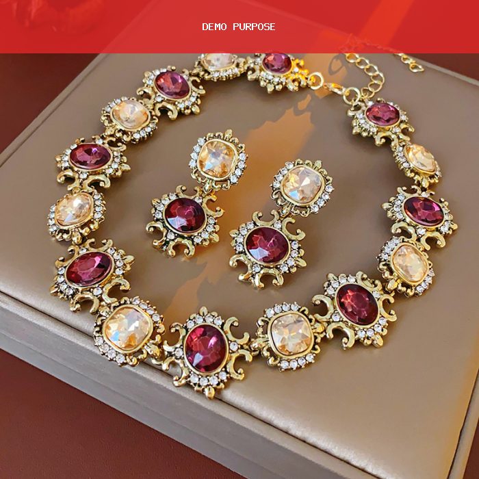 Vintage Purple Rhinestone Necklace Drop Earrings for Women Palace Style Geometric Round Necklace Earrings Ladies Jewelry Sets K-